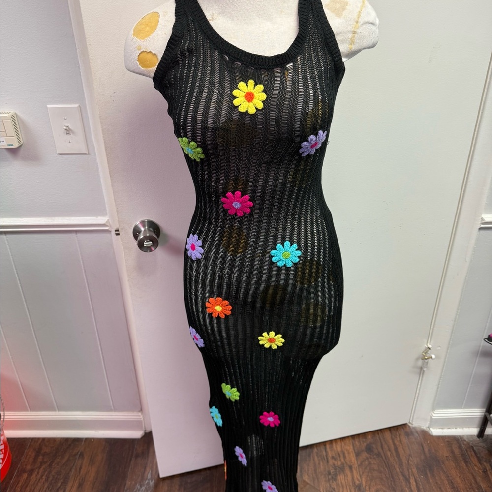 SHEIN Black Floral Knit Swim Coverup
